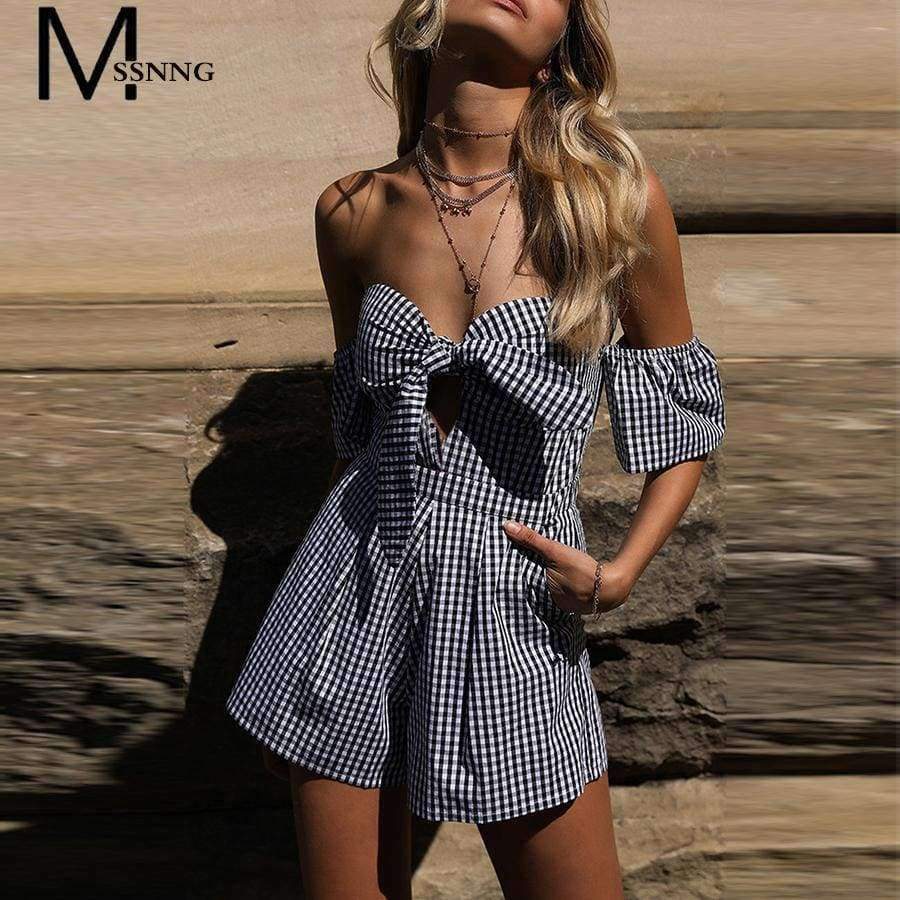 Planet Gates Black / M Summer Off shoulder plaid jumpsuit romper women Sexy backless bow high waist playsuit female  beach short overalls