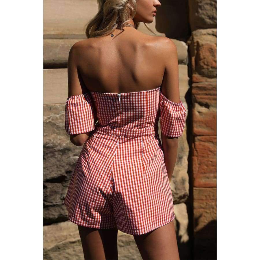 Planet Gates Black / M Summer Off shoulder plaid jumpsuit romper women Sexy backless bow high waist playsuit female  beach short overalls