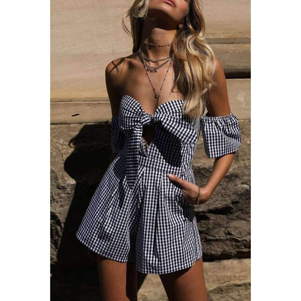 Planet Gates Black / M Summer Off shoulder plaid jumpsuit romper women Sexy backless bow high waist playsuit female  beach short overalls