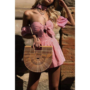 Planet Gates Black / M Summer Off shoulder plaid jumpsuit romper women Sexy backless bow high waist playsuit female  beach short overalls