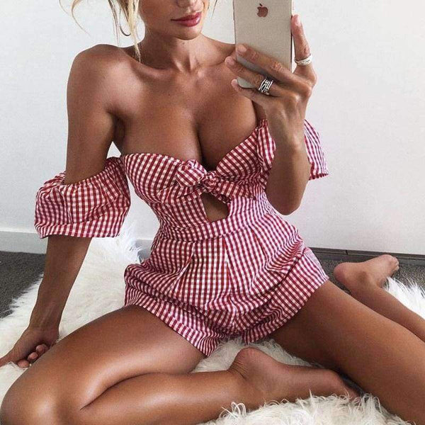Planet Gates Black / M Summer Off shoulder plaid jumpsuit romper women Sexy backless bow high waist playsuit female  beach short overalls