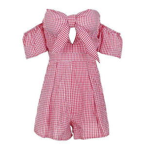 Planet Gates Black / M Summer Off shoulder plaid jumpsuit romper women Sexy backless bow high waist playsuit female  beach short overalls