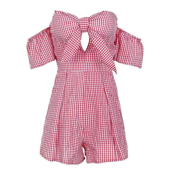 Planet Gates Black / M Summer Off shoulder plaid jumpsuit romper women Sexy backless bow high waist playsuit female  beach short overalls