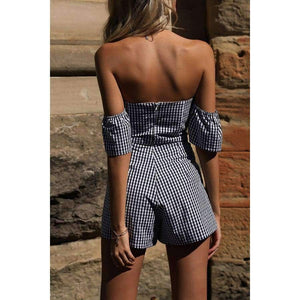 Planet Gates Black / M Summer Off shoulder plaid jumpsuit romper women Sexy backless bow high waist playsuit female  beach short overalls