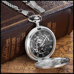 Planet Gates Black Mechanical Hand Wind Pocket Watch Silver Black Stainless Steel Case Water Resistant Hombre Watch Men