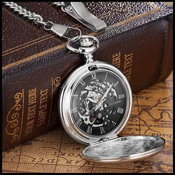 Planet Gates Black Mechanical Hand Wind Pocket Watch Silver Black Stainless Steel Case Water Resistant Hombre Watch Men
