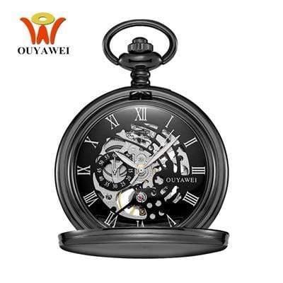 Planet Gates Black Mechanical Hand Wind Pocket Watch Silver Black Stainless Steel Case Water Resistant Hombre Watch Men