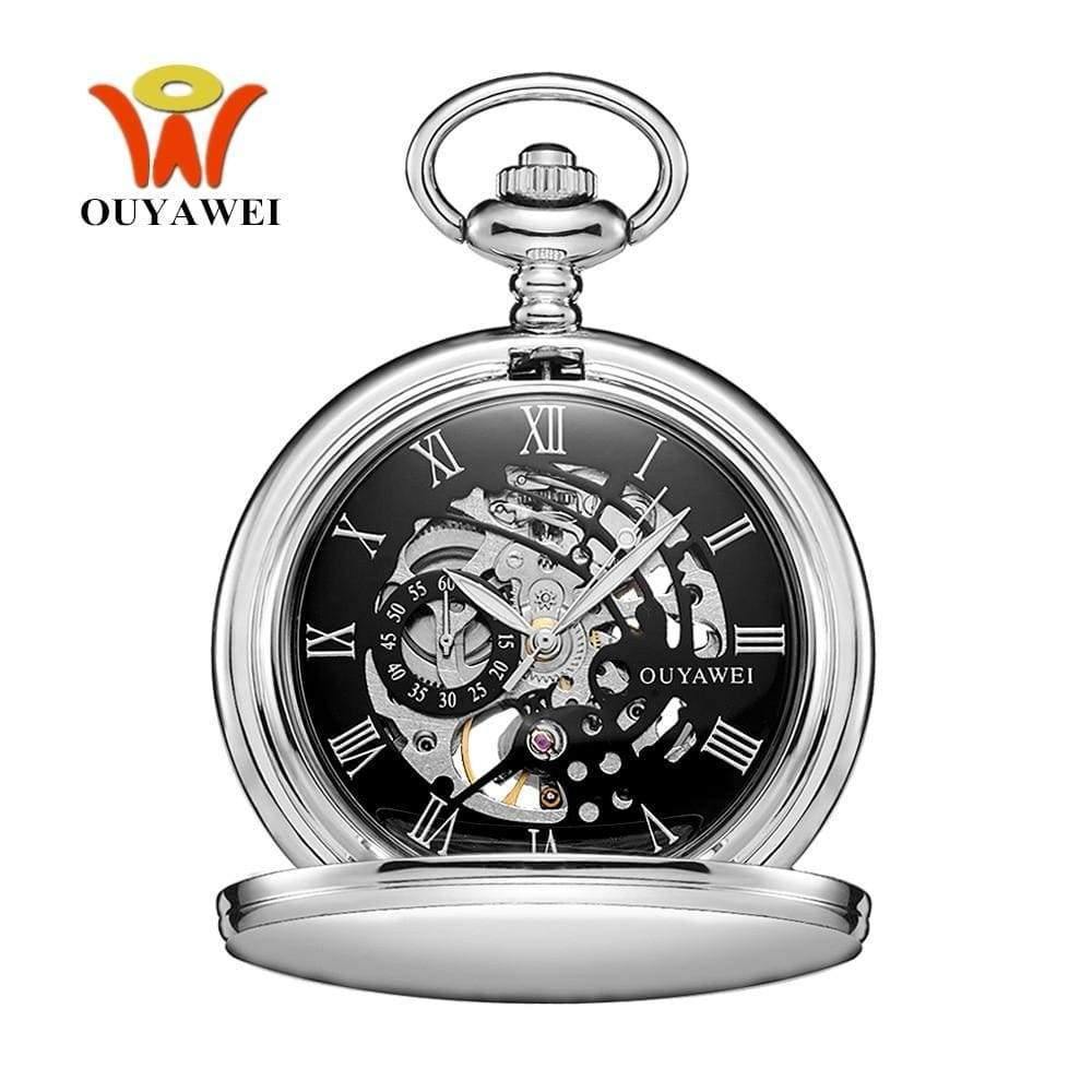 Planet Gates Black Mechanical Hand Wind Pocket Watch Silver Black Stainless Steel Case Water Resistant Hombre Watch Men