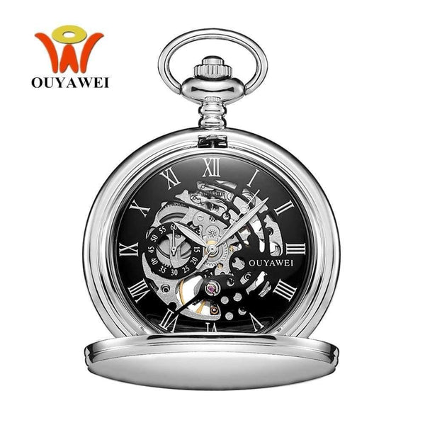 Planet Gates Black Mechanical Hand Wind Pocket Watch Silver Black Stainless Steel Case Water Resistant Hombre Watch Men
