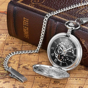 Planet Gates Black Mechanical Hand Wind Pocket Watch Silver Black Stainless Steel Case Water Resistant Hombre Watch Men