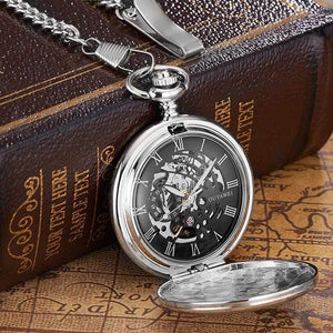 Planet Gates Black Mechanical Hand Wind Pocket Watch Silver Black Stainless Steel Case Water Resistant Hombre Watch Men