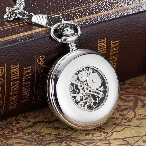 Planet Gates Black Mechanical Hand Wind Pocket Watch Silver Black Stainless Steel Case Water Resistant Hombre Watch Men