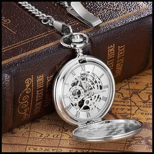Planet Gates Black Mechanical Hand Wind Pocket Watch Silver Black Stainless Steel Case Water Resistant Hombre Watch Men