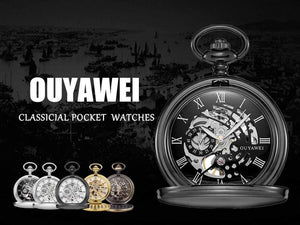 Planet Gates Black Mechanical Hand Wind Pocket Watch Silver Black Stainless Steel Case Water Resistant Hombre Watch Men