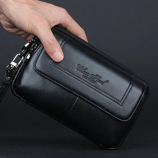 Planet Gates Black Men  Genuine Leather Waist Bag Clutch wallet Bag Purse Cell/Mobile Phone Case Bag Fashion Trend Fanny Wrist Hand Bags