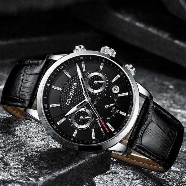 Planet Gates Black Men's Watches Stopwatch Date Luminous Hands Genuine Leather 30M Waterproof Clock Man Quartz Watches Men Fashion Watch 2018