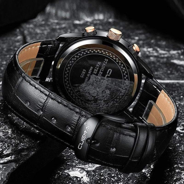 Planet Gates Black Men's Watches Stopwatch Date Luminous Hands Genuine Leather 30M Waterproof Clock Man Quartz Watches Men Fashion Watch 2018