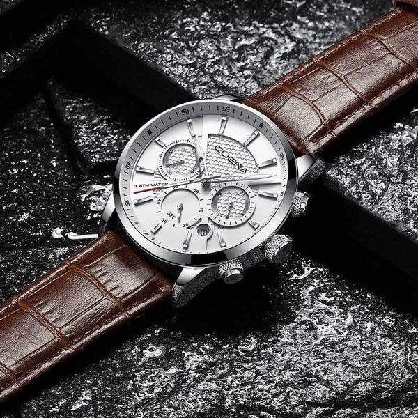 Planet Gates Black Men's Watches Stopwatch Date Luminous Hands Genuine Leather 30M Waterproof Clock Man Quartz Watches Men Fashion Watch 2018