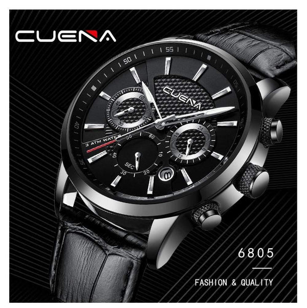Planet Gates Black Men's Watches Stopwatch Date Luminous Hands Genuine Leather 30M Waterproof Clock Man Quartz Watches Men Fashion Watch 2018