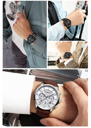 Planet Gates Black Men's Watches Stopwatch Date Luminous Hands Genuine Leather 30M Waterproof Clock Man Quartz Watches Men Fashion Watch 2018