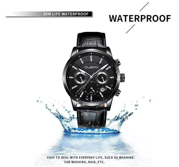 Planet Gates Black Men's Watches Stopwatch Date Luminous Hands Genuine Leather 30M Waterproof Clock Man Quartz Watches Men Fashion Watch 2018