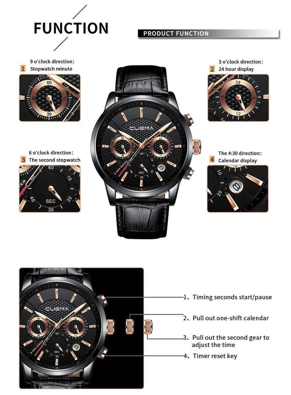 Planet Gates Black Men's Watches Stopwatch Date Luminous Hands Genuine Leather 30M Waterproof Clock Man Quartz Watches Men Fashion Watch 2018