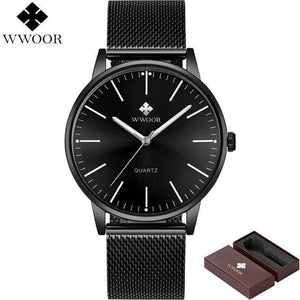 Planet Gates Black Men Simple Slim Quartz Watch Gold Steel Mesh Ultra Thin Men Watches Luxury Brand Waterproof Male Wrist Watch Golden Clock