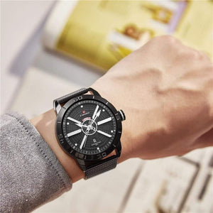 Planet Gates Black Mens Watches Top Brand Luxury Sport Watch Mesh Steel Date Week Waterproof Quartz Watch for Men Clock Relogio Masculino