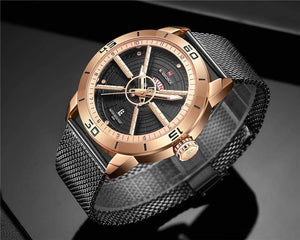 Planet Gates Black Mens Watches Top Brand Luxury Sport Watch Mesh Steel Date Week Waterproof Quartz Watch for Men Clock Relogio Masculino