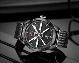 Planet Gates Black Mens Watches Top Brand Luxury Sport Watch Mesh Steel Date Week Waterproof Quartz Watch for Men Clock Relogio Masculino