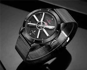 Planet Gates Black Mens Watches Top Brand Luxury Sport Watch Mesh Steel Date Week Waterproof Quartz Watch for Men Clock Relogio Masculino