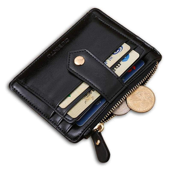 Planet Gates Black Multifunctional slim Men's leather wallet coin purse with zipper small hasp card holder for man money bag