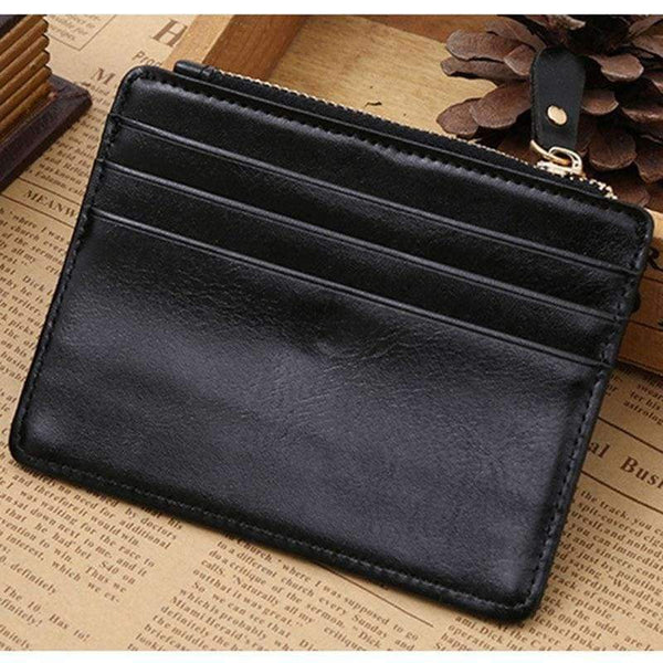 Planet Gates Black Multifunctional slim Men's leather wallet coin purse with zipper small hasp card holder for man money bag