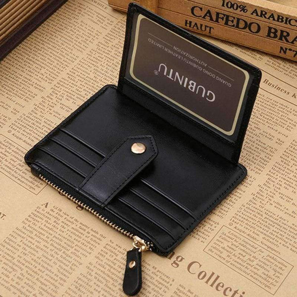 Planet Gates Black Multifunctional slim Men's leather wallet coin purse with zipper small hasp card holder for man money bag