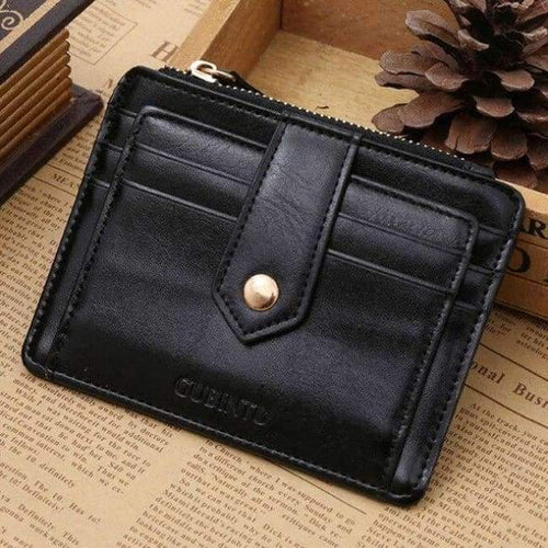 Planet Gates Black Multifunctional slim Men's leather wallet coin purse with zipper small hasp card holder for man money bag