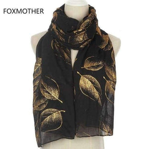 Planet Gates Black New Fashion Shiny Black Foil Gold Autumn Leaves Long Cachecol Hijab Scarfs Wraps For Womens Ladies
