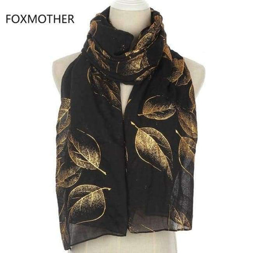 Planet Gates Black New Fashion Shiny Black Foil Gold Autumn Leaves Long Cachecol Hijab Scarfs Wraps For Womens Ladies