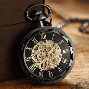 Planet Gates Black no box Skeleton Mechanical Pocket Watch Men Steampunk Mechanical Fob Watches Clock Pendant Hand-winding Relogio De Bolso