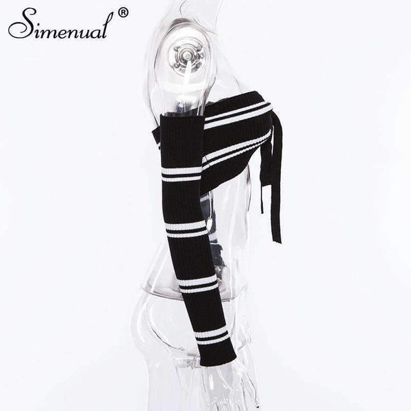 Planet Gates black / One Size Autumn crop top long sleeve t-shirt female sexy hot body off the shoulder tops for women front bow tie tee shirt