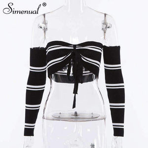 Planet Gates black / One Size Autumn crop top long sleeve t-shirt female sexy hot body off the shoulder tops for women front bow tie tee shirt