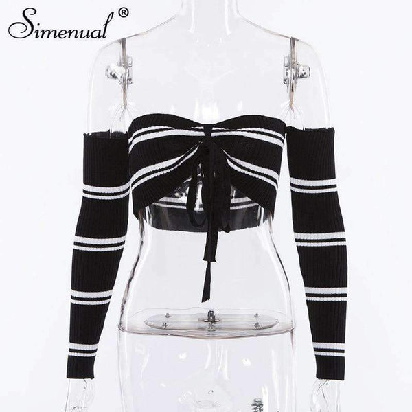 Planet Gates black / One Size Autumn crop top long sleeve t-shirt female sexy hot body off the shoulder tops for women front bow tie tee shirt