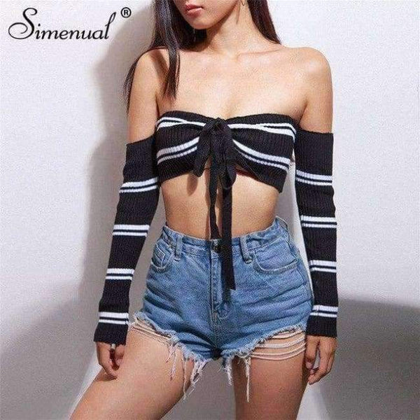 Planet Gates black / One Size Autumn crop top long sleeve t-shirt female sexy hot body off the shoulder tops for women front bow tie tee shirt