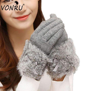 Planet Gates Black / one size Autumn Winter Ladies Cashmere Gloves Female Bow Tie Rabbit Fur Wool Mitten Gloves Sweet Elegant All Match Women Grey Gloves