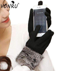 Planet Gates Black / one size Autumn Winter Ladies Cashmere Gloves Female Bow Tie Rabbit Fur Wool Mitten Gloves Sweet Elegant All Match Women Grey Gloves