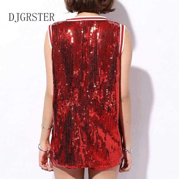 Planet Gates Black / One Size Female singer Sexy costume silver Red sequins dance wear bar dj clothes Top stage costumes women singer hip hop costume