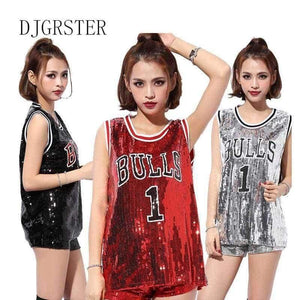 Planet Gates Black / One Size Female singer Sexy costume silver Red sequins dance wear bar dj clothes Top stage costumes women singer hip hop costume