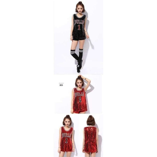 Planet Gates Black / One Size Female singer Sexy costume silver Red sequins dance wear bar dj clothes Top stage costumes women singer hip hop costume