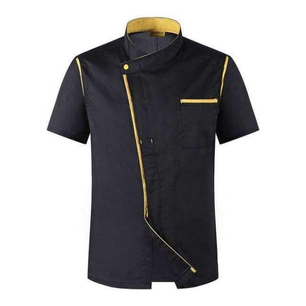 Planet Gates Black / One Size Men Women Oblique Collar Single Breasted Short Sleeves Spliced Bakery Work Uniforms Summer High Quality Chef Jacket