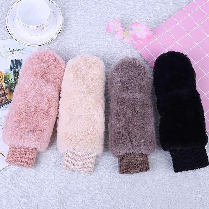 Planet Gates black / One Size Winter Thickened Cute Whole Covered Finger Mittens For Women Plush Gloves Fluffy Rabbit Dual-layer Hang On Neck Type Mittens
