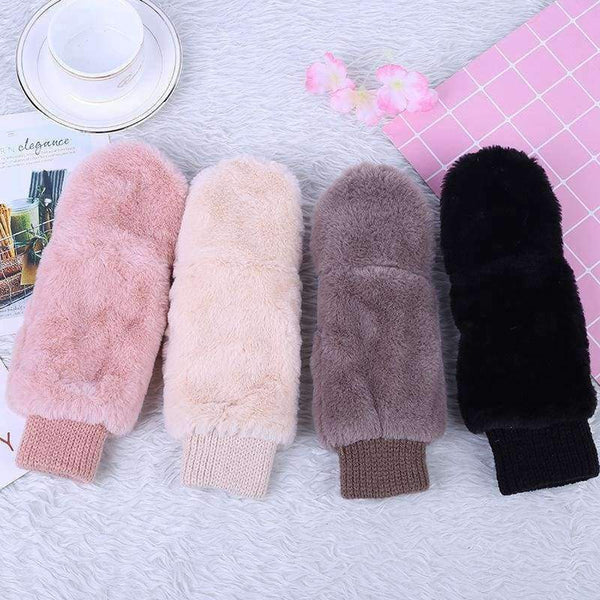 Planet Gates black / One Size Winter Thickened Cute Whole Covered Finger Mittens For Women Plush Gloves Fluffy Rabbit Dual-layer Hang On Neck Type Mittens